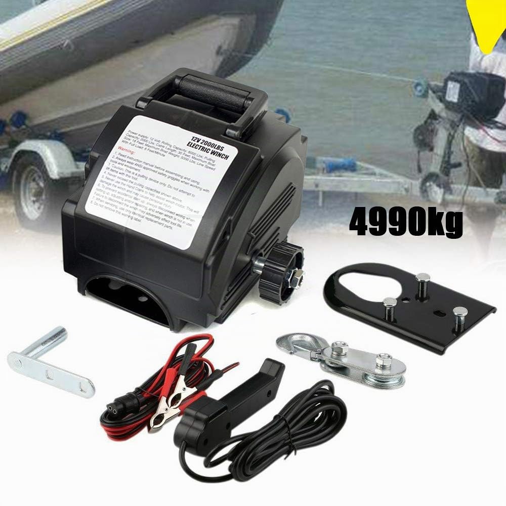 Seilwinde Elektrische 12V 300W Bootswinde Seilzug Winde 4990KG Elektrowinde Seilhebezug Mit Fernbedienung Schalter Motorwinde 9.2m Stahlseil