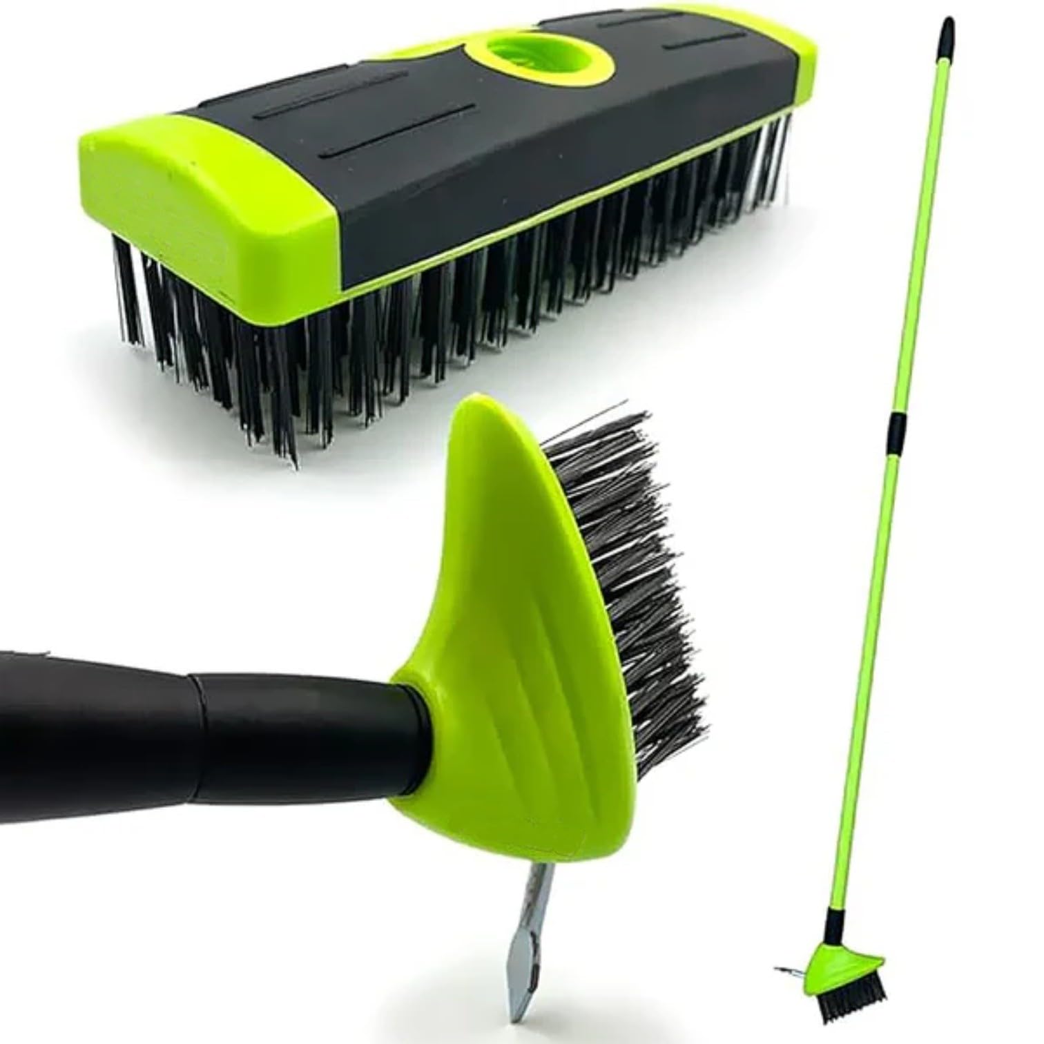 Kaynur Green/Black 3-In-1 Telescopic Weed Brush & Broom - Metal Scraper For Clearing Weeds, Moss, And Debris From Patios, Garden Paths, Driveways - Extendable Handle,