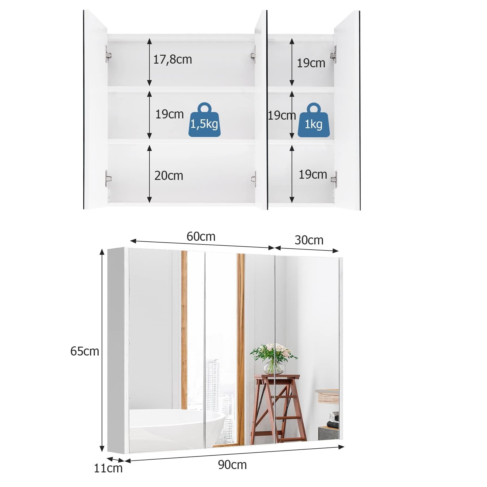 LIFEZEAL Mobiletto Bagno Salvaspazio con Contenitore, Specchio HD, Pensile Bagno Sospeso Bianco, Specchiera da Muro a 3 Ante, Armadietto, Mobile con 3 Ripiani, Moderno, in Legno (90x11x65 cm)