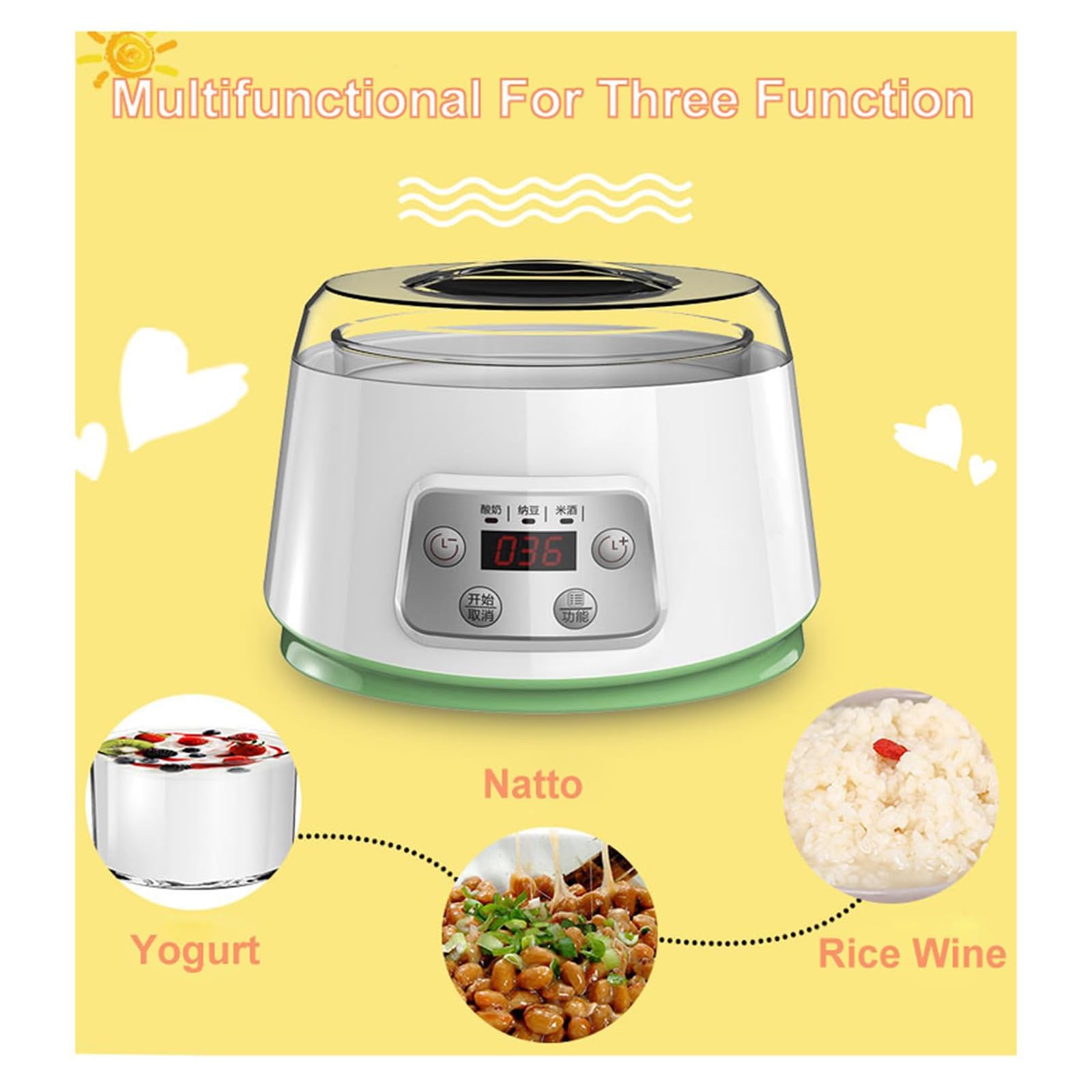 Yogurtera Eléctrica De 1,3 L, con 4 Compartimentos De 100 Ml, Pantalla LCD/Interruptor Táctil, Tiempo Ajustable, Recipiente De Vidrio, Apagado Automático, para Yogur Casero/natto,A