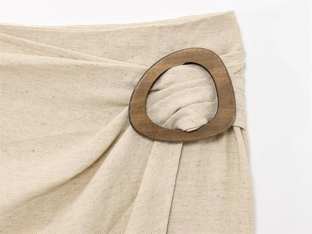 Women's Temperament Linen Blend Pleated Lapel Sleeveless Top Button Skirts Solid Color Temperament Suit