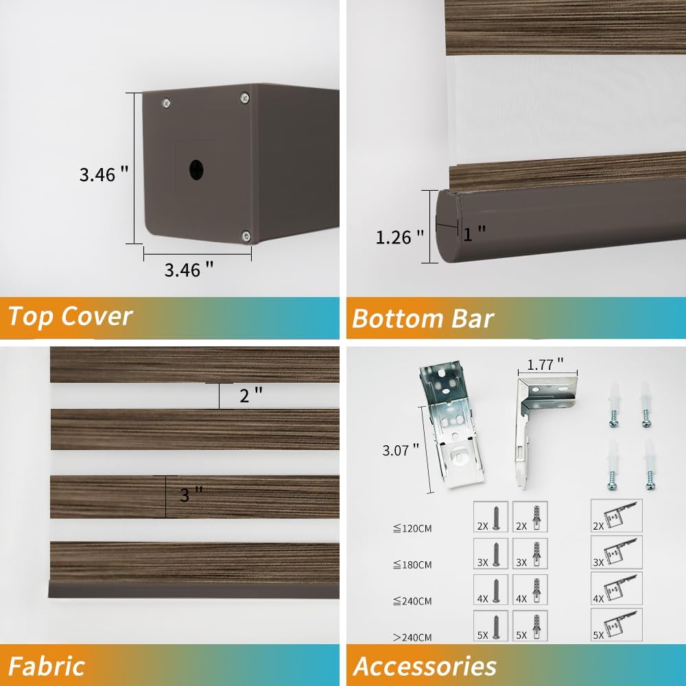 Motorized Zebra Blinds with Remote Light Filtering Automatic Smart Blinds for Windows Electric Dual Layer Horizontal Shades Work with Homekit Customized(Wooden Texture Coffee)