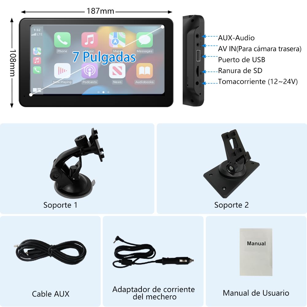 Pantalla Carplay para Coche con CarPlay/Android Auto Inalámbrico, Pantalla Táctil de 7 Pulgadas Portátil, Admite Bluetooth/Mirror Link/Control por Voz/USB/TF/AUX, Negra