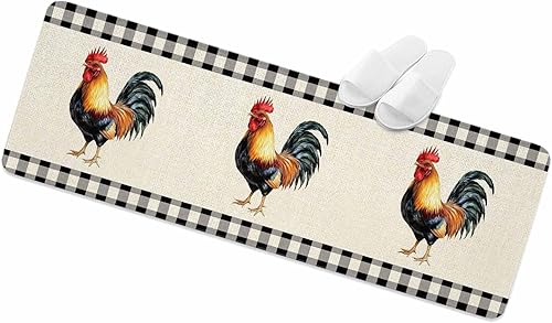 Miniatura 9 de Farmhouse - Juego de 2 tapetes de cocina retro con diseño de gallo en blanco y negro, antifatiga, de espuma viscoelástica, antideslizante