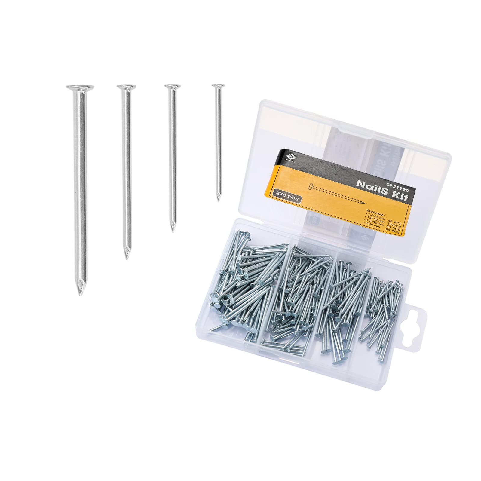 275 Pcs Assorted Nails for Wood Zinc Plated Flat Head Iron Nails for Wood Repair, Small Wall Nails for Hanging Pictures, DIY, Crafts, Woodwork, Furniture, Construction (25, 30, 35, 40mm, Silver)