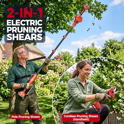Image of 2-in-1 Electric Pruning Shears Cordless with Pole, 2.1 inch Cutting Diameter Pole Pruning Shears, Brushless Motor, Extra Blade, 2 * 2Ah Batteries, 2 Modes Adjustable Pruning Shears for Tree Flower