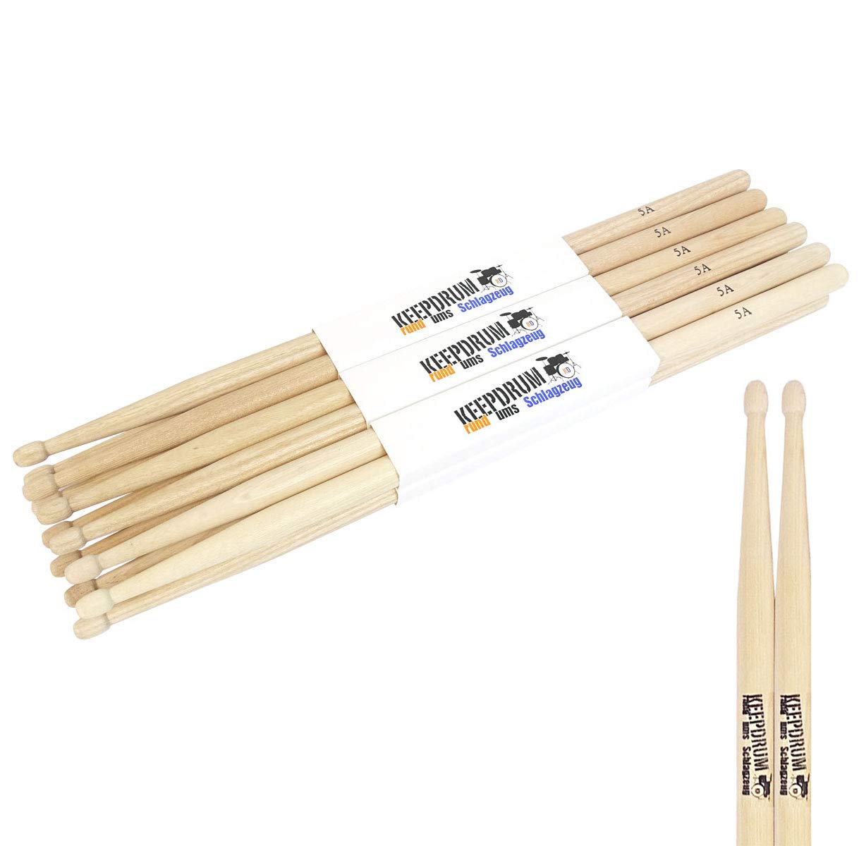 keepdrum 5A Hickory Drumsticks Schlagzeug-Stöcke Wood 6 Paar