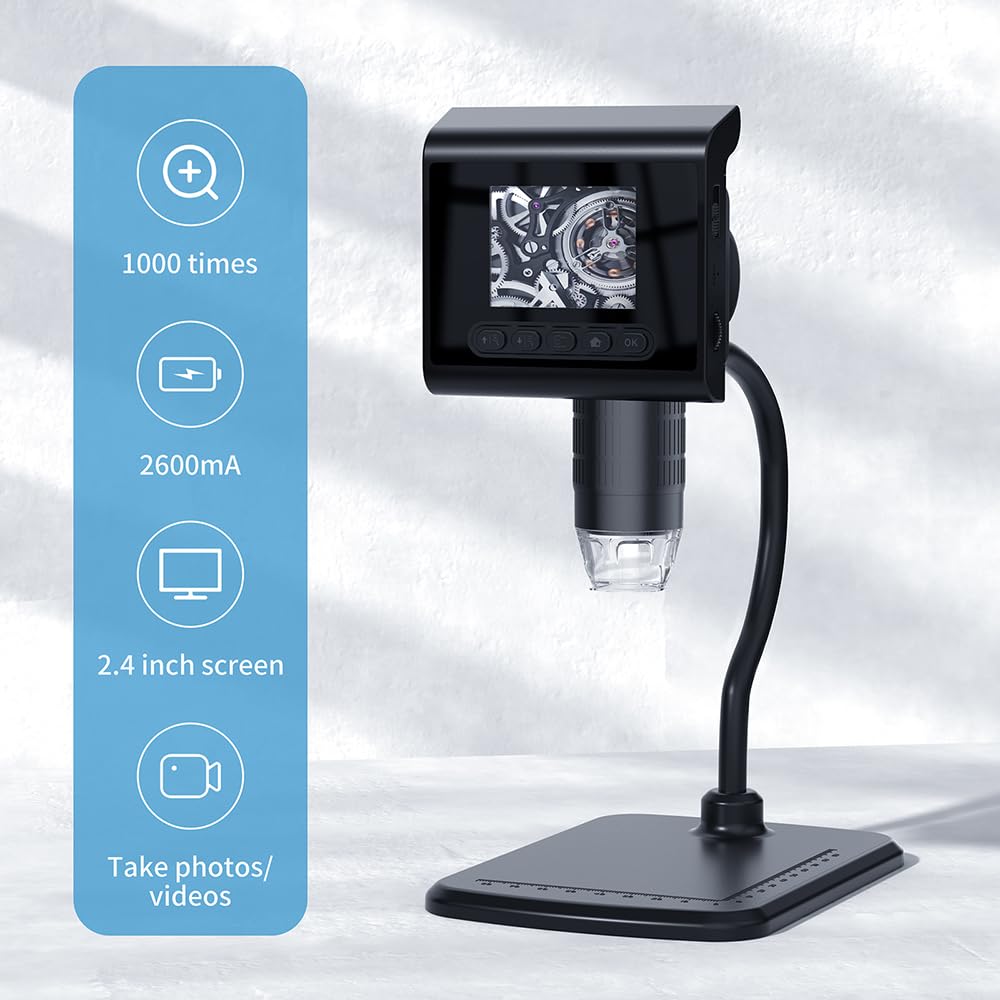 HUIOP Mikroskop cyfrowy o wysokiej przejrzystości 1080P z 2,4-calowym kolorowym wyświetlaczem LCD, 1-1000x ciągły zoom, ekran obrotowy 180 stopni, 8 regulowanych diod LED, przechowywanie na karcie TF,