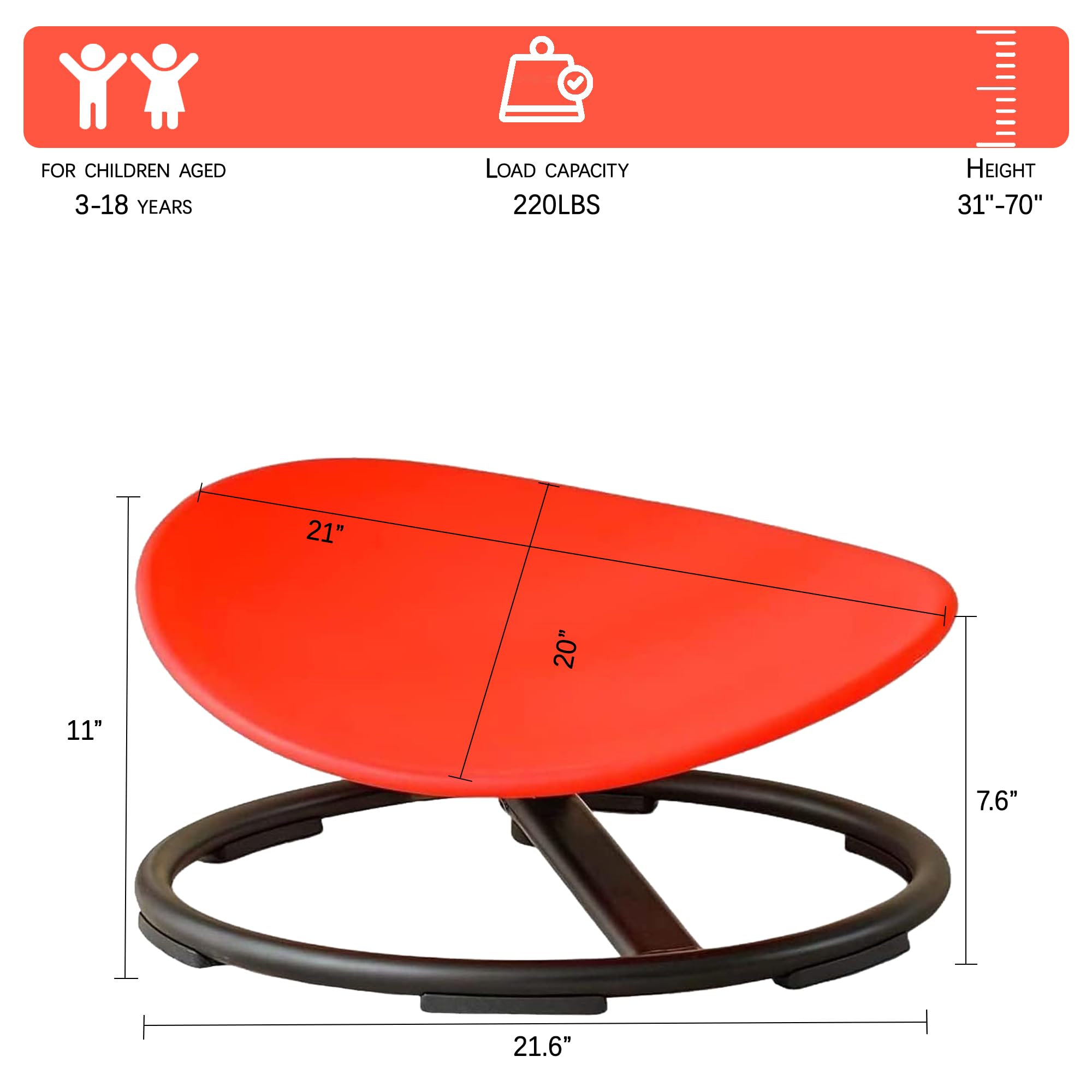 UIIKOLB Autism Kids Swivel Chair,Sensory Spinning Chair for Kids,Toddler Spinner seat Carousel Spin Sensory Chair for Kids,Training Body Coordination,Metal Base Non Slip Safer (Red)