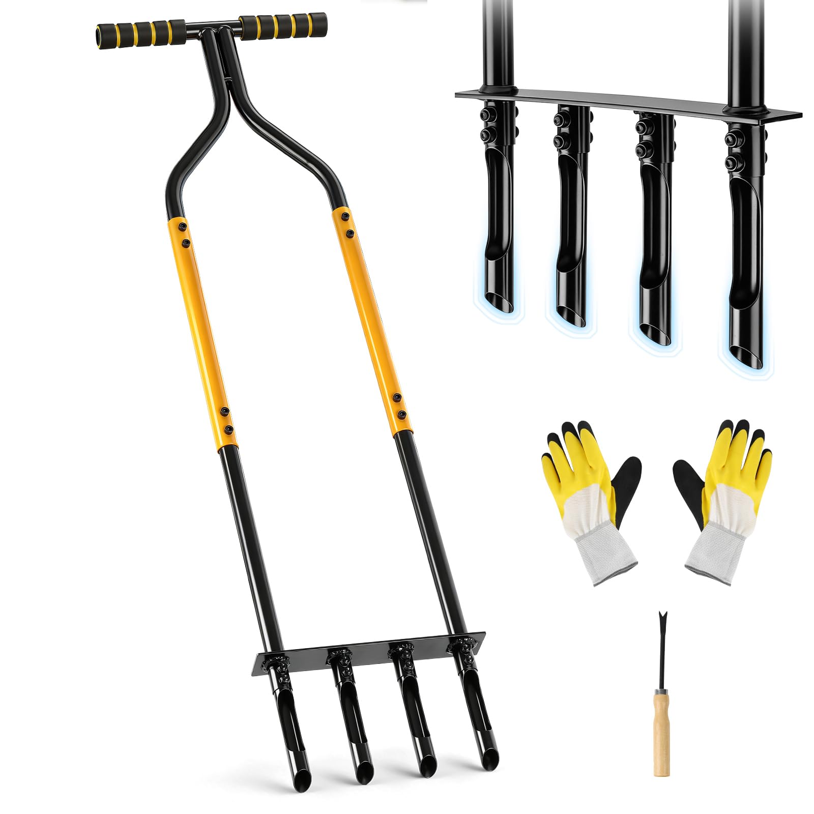Knee-Friendly Manual Lawn Aerator Tool, Adjustable Height Core Aerator for Grass, Pre-Assembled Yard Aeration Tool with 4 Hollow Tines for Lawn Care and Compacted Soil