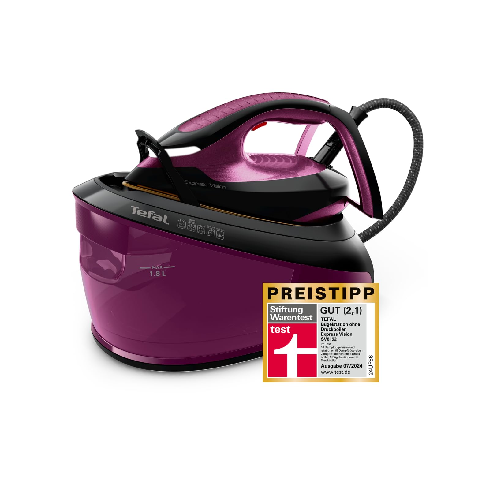 Tefal Express Vision, leistungsstarker 6,9-Bar-Druck, Dampfstoß: 480g/Min., Smart Temp-Technologie, LED Beleuchtung, abnehmbarer Kalk-Kollektor, Eco-Modus, 1,8 L Wassertank, lila/schwarz, SV8152