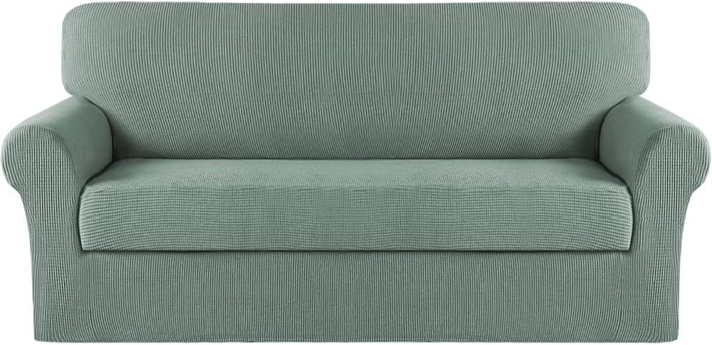 Turquoize Stretch Sofa Slipcover 2 Pieces Sofa Cover Couch Cover for 3 Cushion Couch Washable Furniture Protector Covers with Elastic Bottom Feature Thick Jacquard Fabric (Sofa, Dark Cyan)