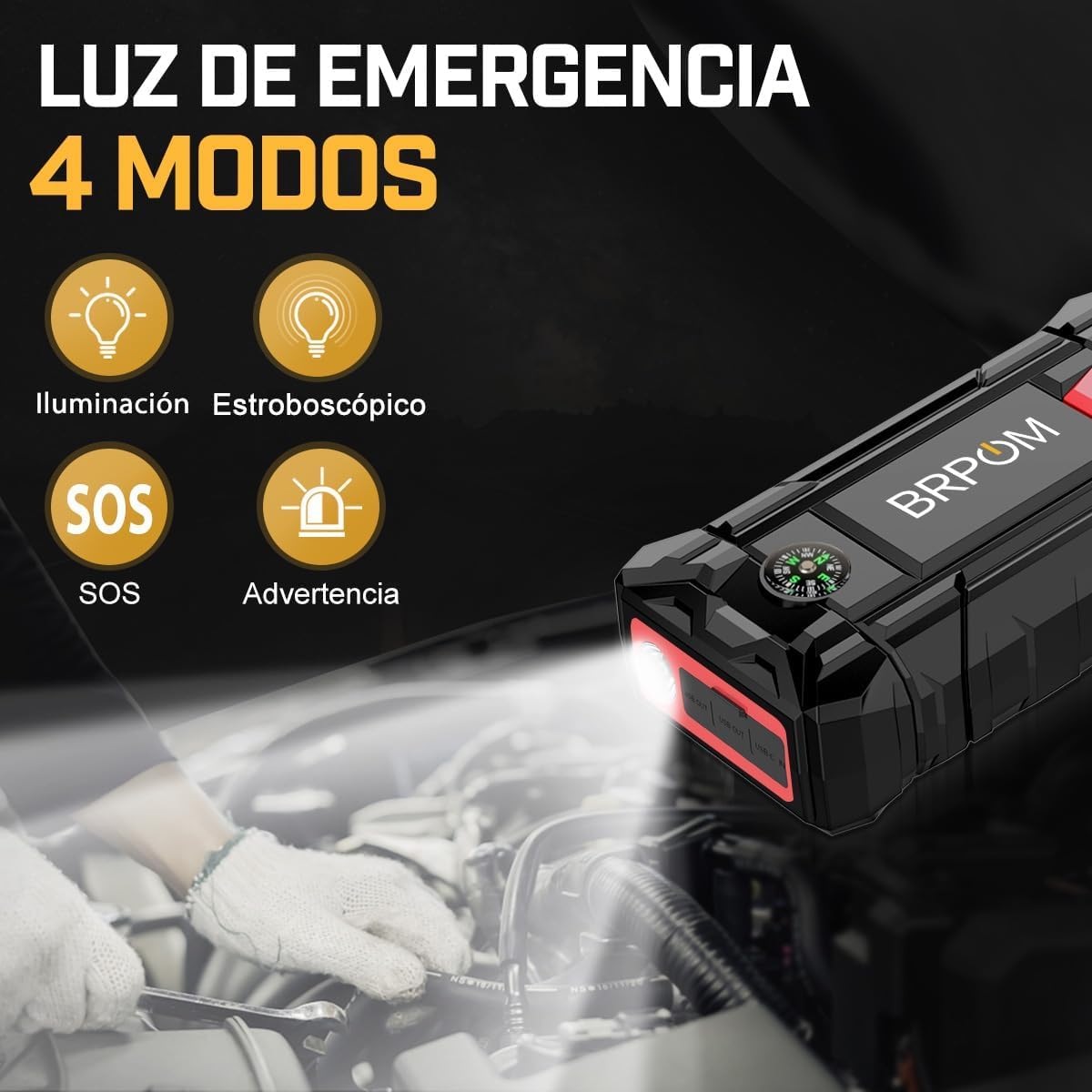 BRPOM Arrancador de Coches 8000A, 12V Arrancador de Baterias de Coche(para 7.0L de Gasolina o 5.5L de Diésel) Jump Starter con Linterna LED de Emergencia, Espera Larga, Carga Rápida