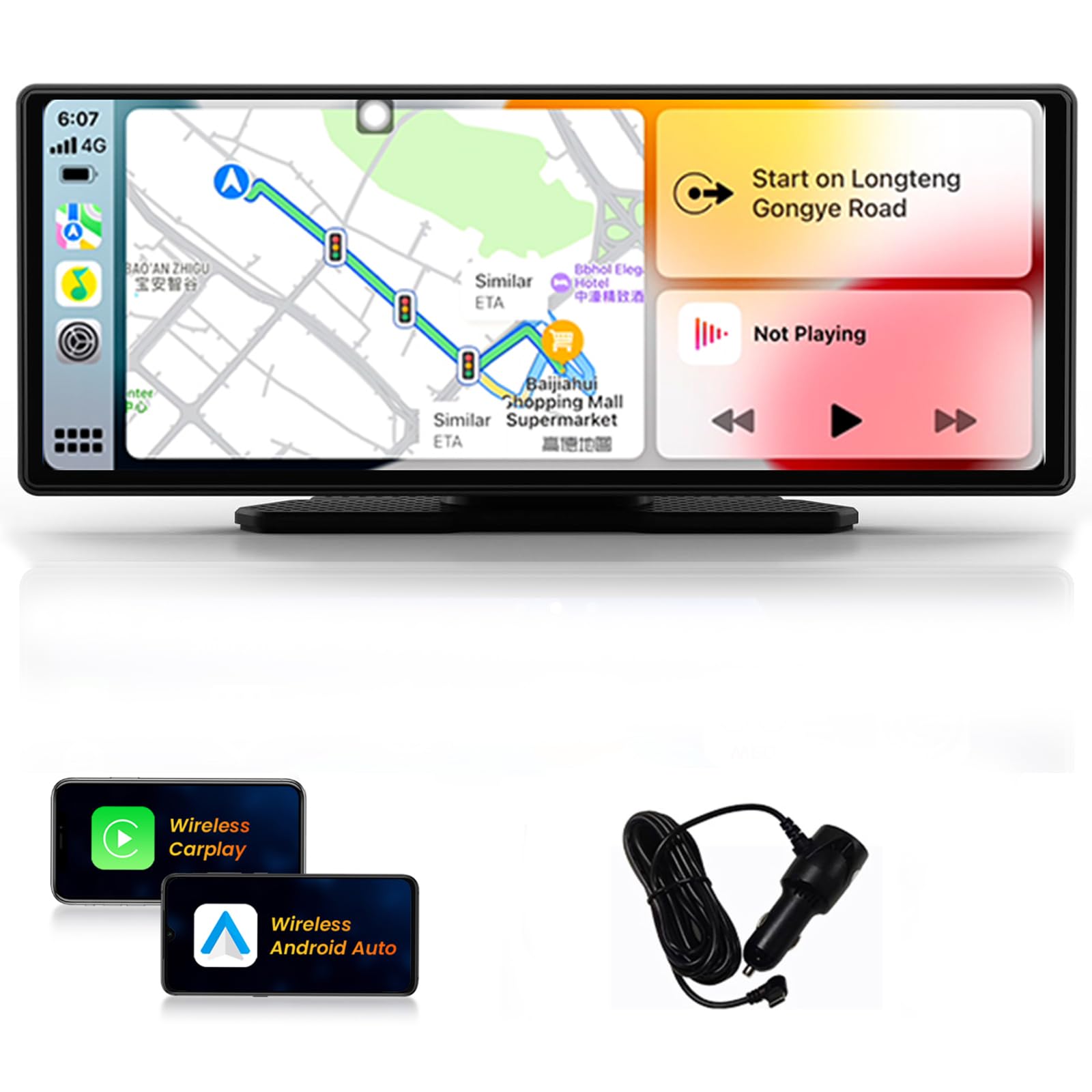 Pantalla Carplay inalámbrica portátil para coche, pantalla Android Auto, pantalla IPS de 10.3 pulgadas para cualquier coche, control de voz, 1600 x 600P, Bluetooth, FM, enlace de espejo, navegación