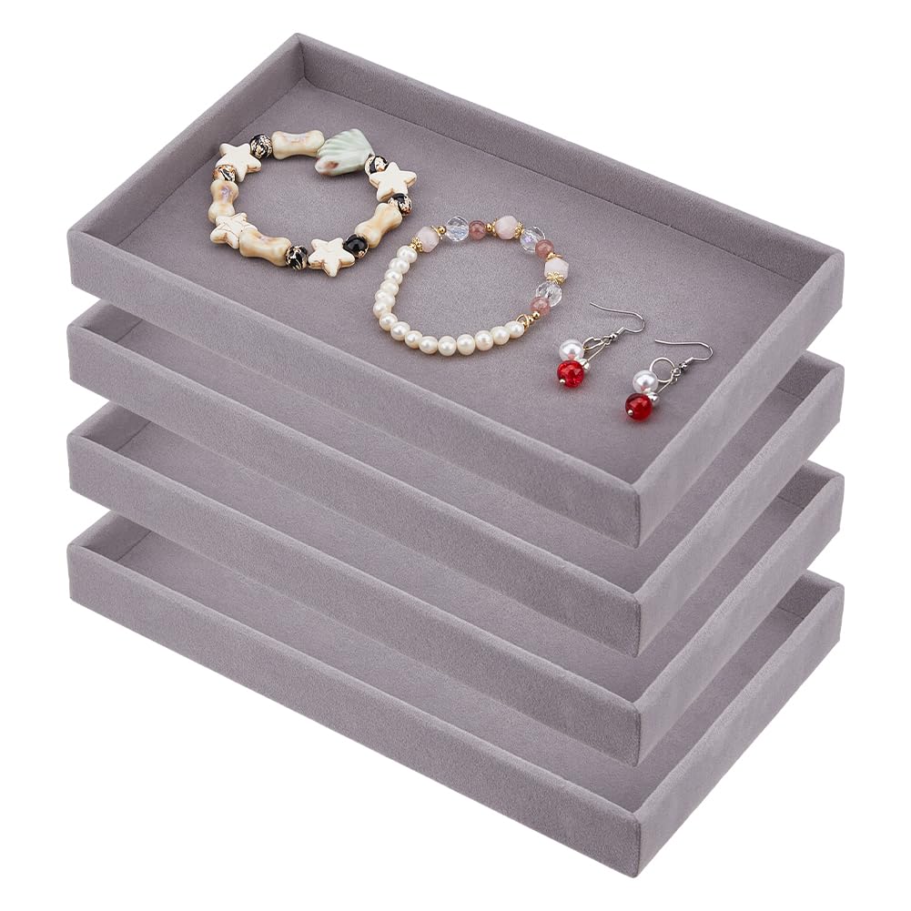 DICOSMETIC Lot de 4 bols à bijoux rectangulaires en velours gris - Empilables - Pour boucles d'oreilles et colliers - Pour la maison et le magasin