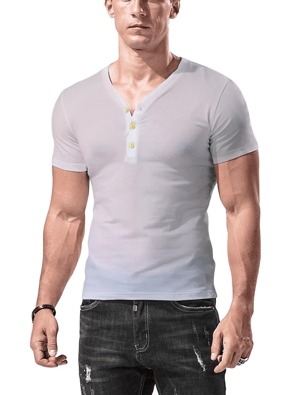 DLSMDOUSMen's Henley Shirts Short Sleeve with Deep V Neck and Three Button Closure Casual Slim Tops