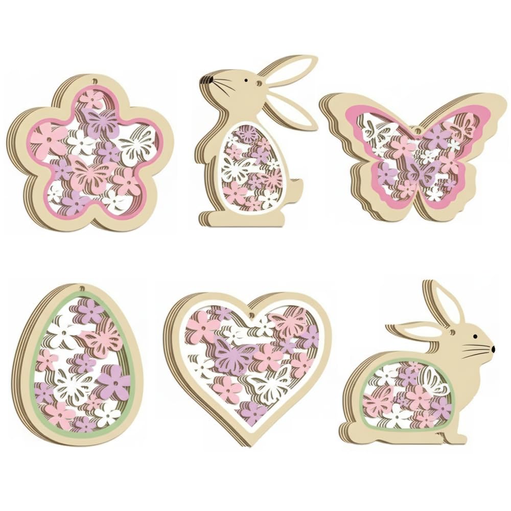 24PCS Wooden Easter Pendants, Spring Easter Decoration with Bunnies, Eggs, Butterflies Wooden Hanging Window Decoration for Easter Crafts