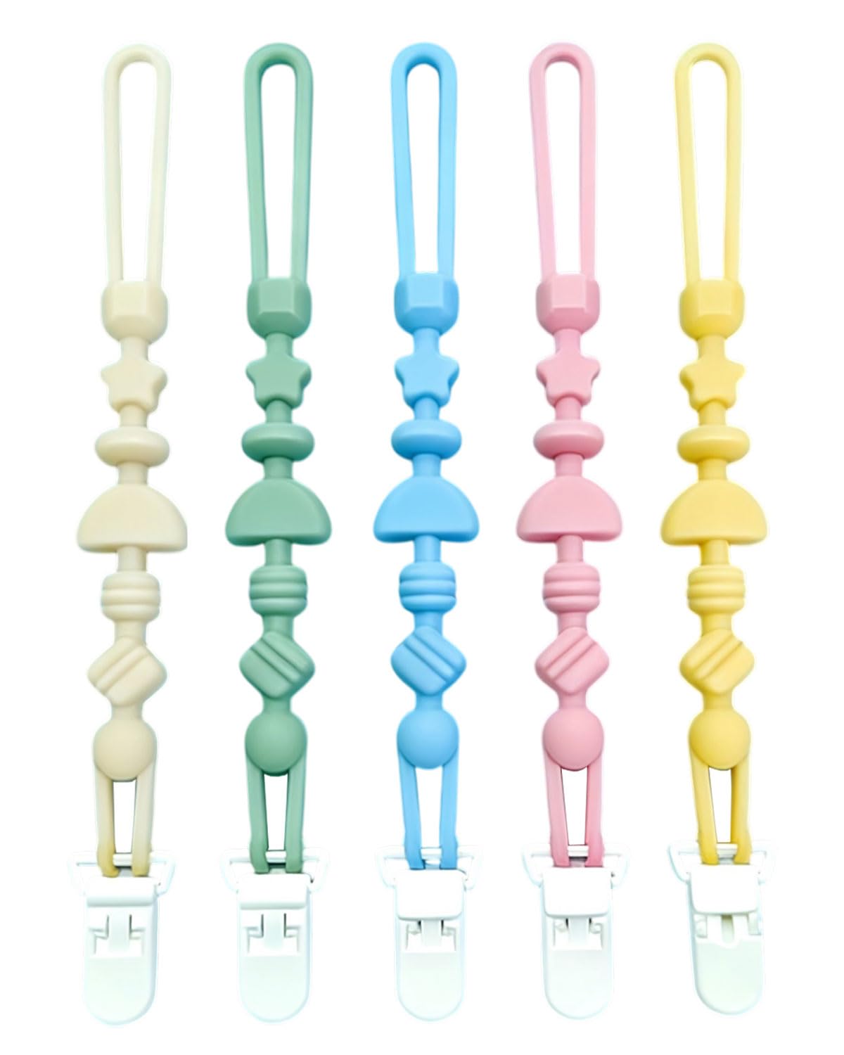 5 Piezas Paquete de Clips para Chupetes de Silicona, Sujetachupetes con Diseño de Una Pieza para Bebés Niños y Niñas, Juguetes Mordedores para la Dentición