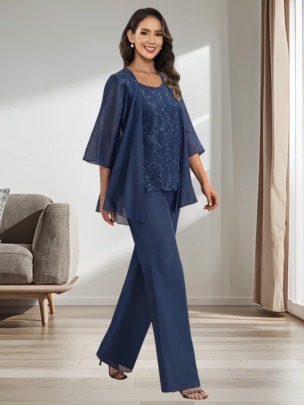 JAEDEN Damen Hosenanzug für Hochzeit Chiffon Brautmutter Anzug Festlich 3 Teilig Hosen Set Koralle 34