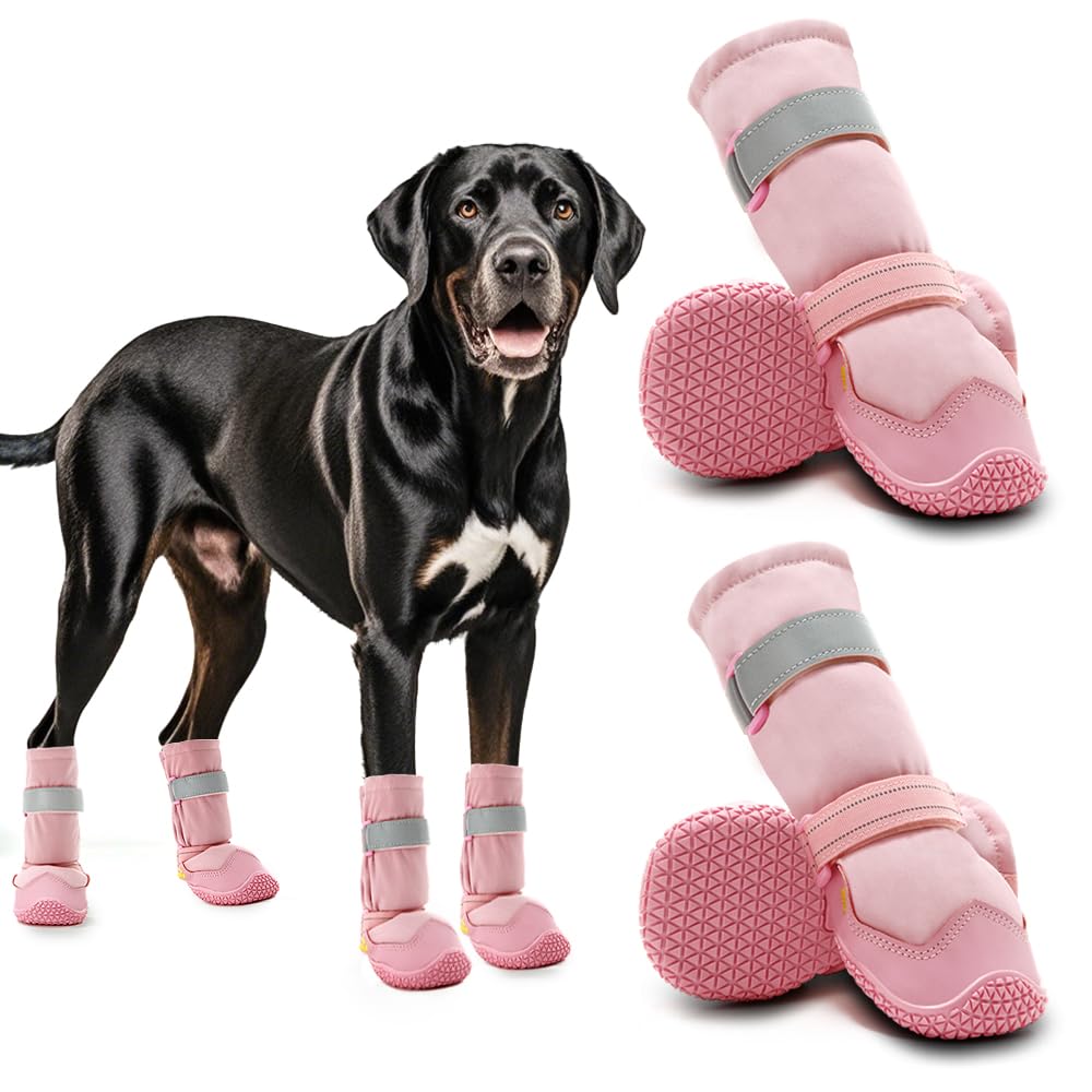Hcpet Dog Shoes, Dog Boots & Paw Protectors for Winter Snowy Days, Rainy Weather, Outdoor Anti-Slip Sole Dog Booties for Hardwood Floor Pink-Leg 6