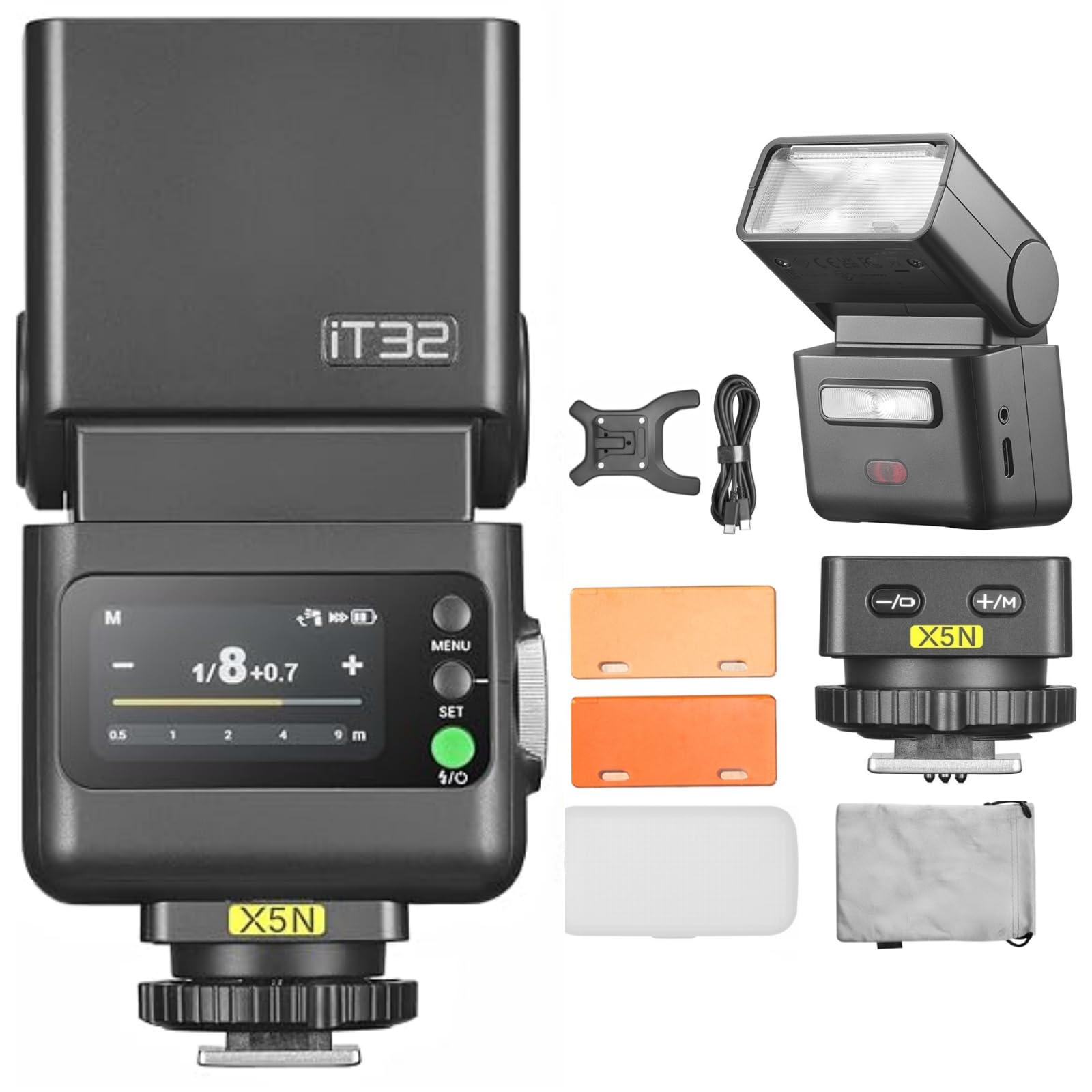 GODOX iT32 TTL - Flash para cámara y flash inalámbrico X5N, 1/8000s HSS GN18, tiempo de recarga de 1,5 s, luz LED integrada con difusor suave y filtro magnético para cámaras Nikon