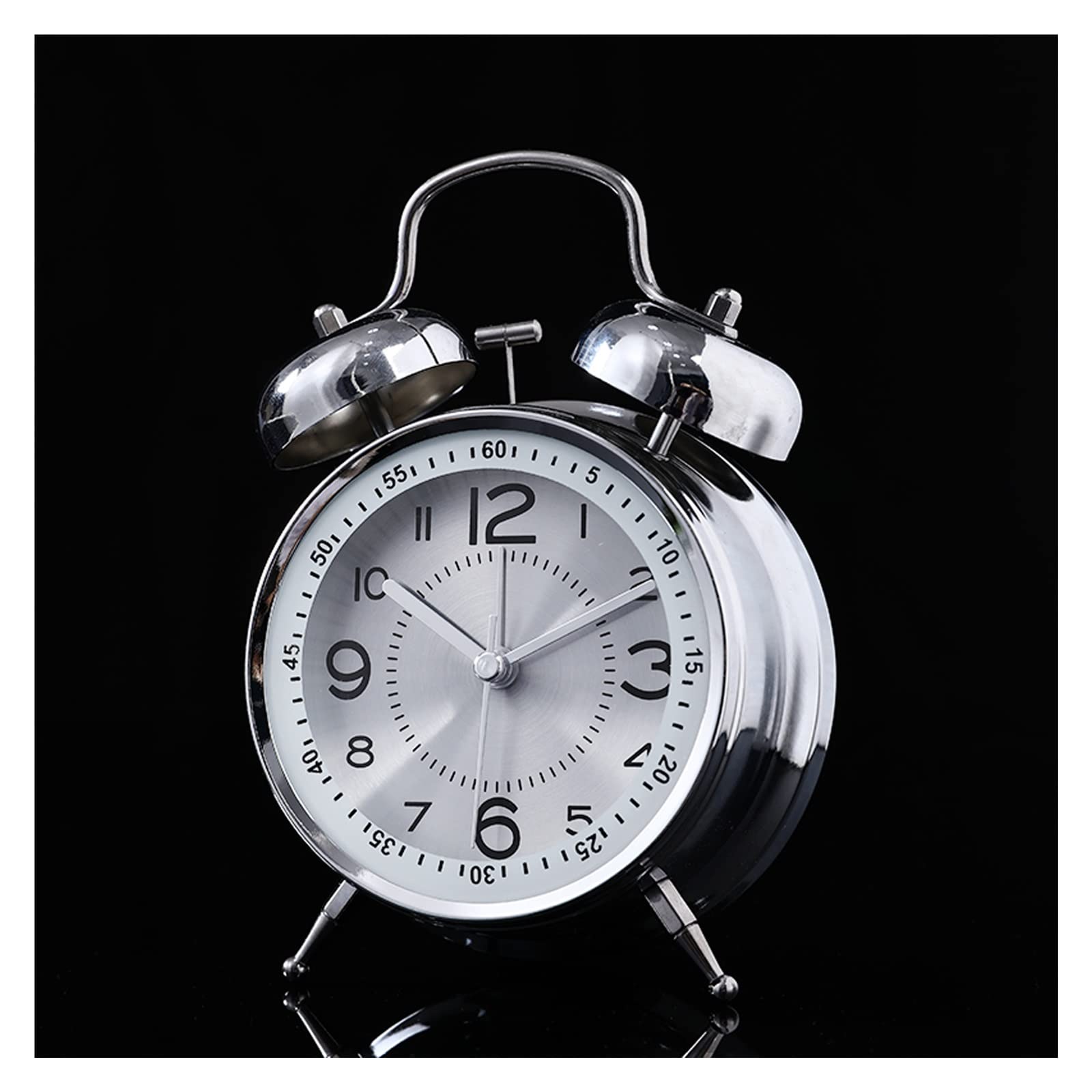 BMKGODN alarm clock， 4in Loud Volume Metal Bedside Clock with Night Light,for Office Table Bedroom Nightstand(Silver)