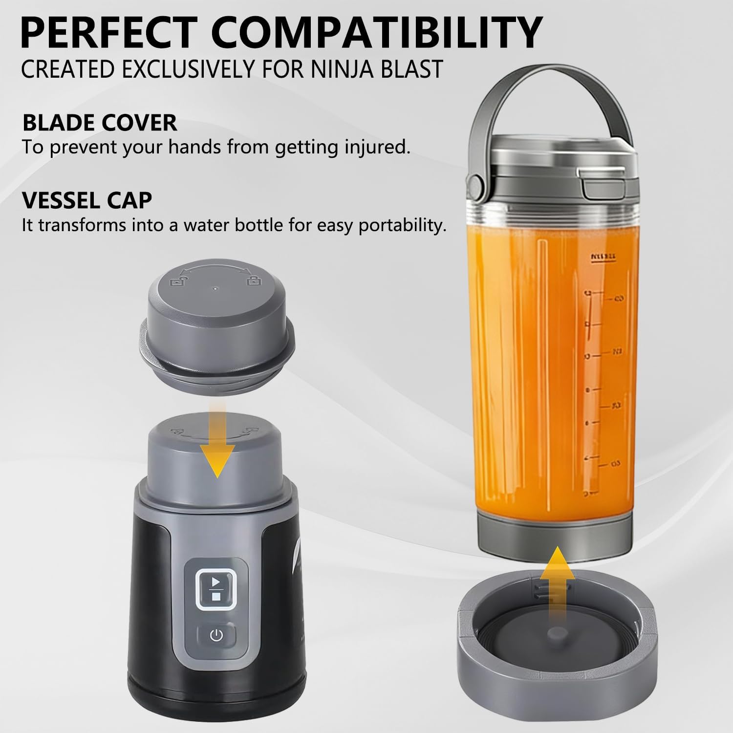 Blade Cover and Vessel Cap for Ninja Blast Portable Blender BC100 and BC151 Series,Replacement Accessories For Portable Blenders,Leakproof,Food-Grade,Dishwasher-Safe.Grey