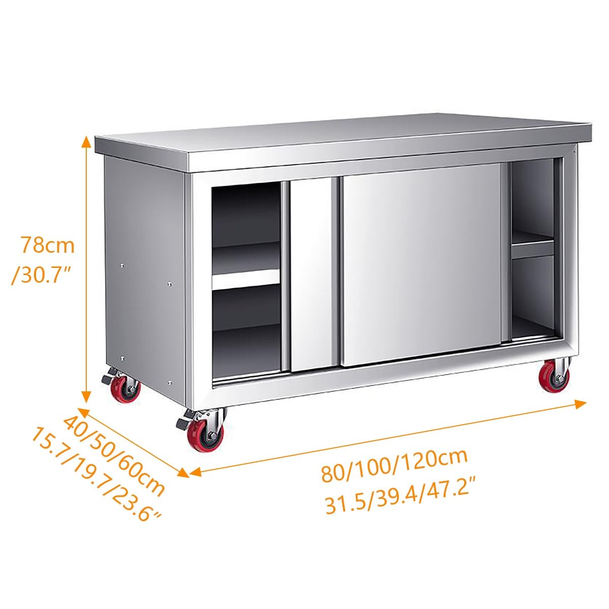 Mesa de trabajo de acero inoxidable, mesa de preparación de cocina comercial resistente con puertas correderas y ruedas, capacidad de carga de 1240 libras para uso en restaurantes y hoteles
