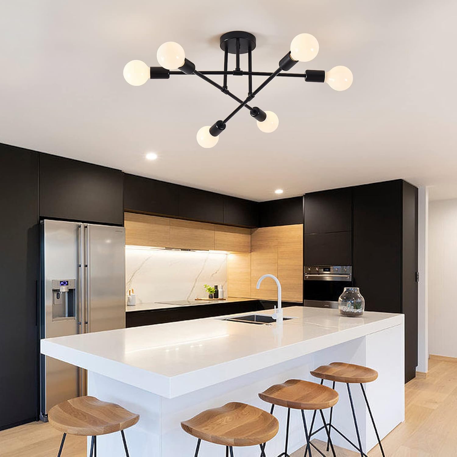 Semi Flush Mount Ceiling Light Fixture, 6 Lights Modern Sputnik Chandelier Ceiling Lamp with E26 Bulb Base, Light Fixtures Ceiling Mount for Bedroom Kitchen Living Room Hallway (Black)