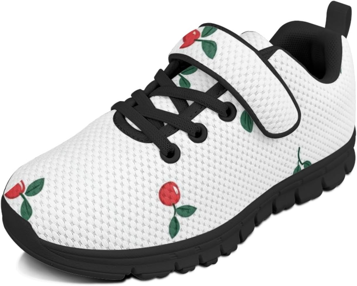 Cherry Black Lightweight Girls Running Shoes with Hook and Loops Breathable Safe Walking Bowling Shoes Lace Up Soft Materials Sneakers for Kids Indoor Daily Casual Stitch Sneakers for Girls