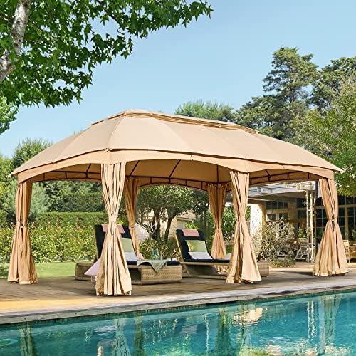 MELLCOM 12x20 Patio Gazebo, Double Soft-Roof Gazebo Tent with Curtains and Netting, Patio Canopy for Patio, Lawn & Garden, Outdoor Event, Beige
