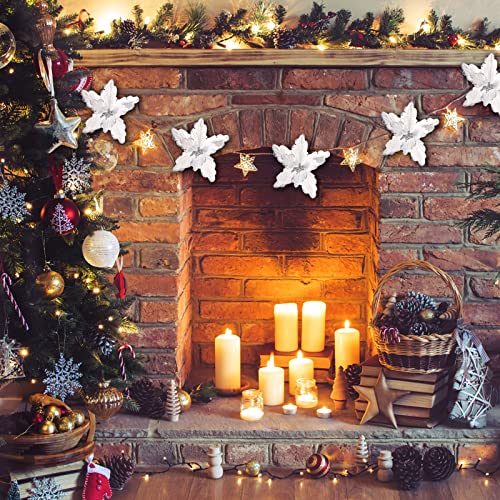 Duhouse 7Pcs Poinsettia Flowers Picks Artificial Glitter Poinsettia Flowers With Stems Christmas Tree Ornaments With Stems For Home Kitchen Decorations(White) #TOP4