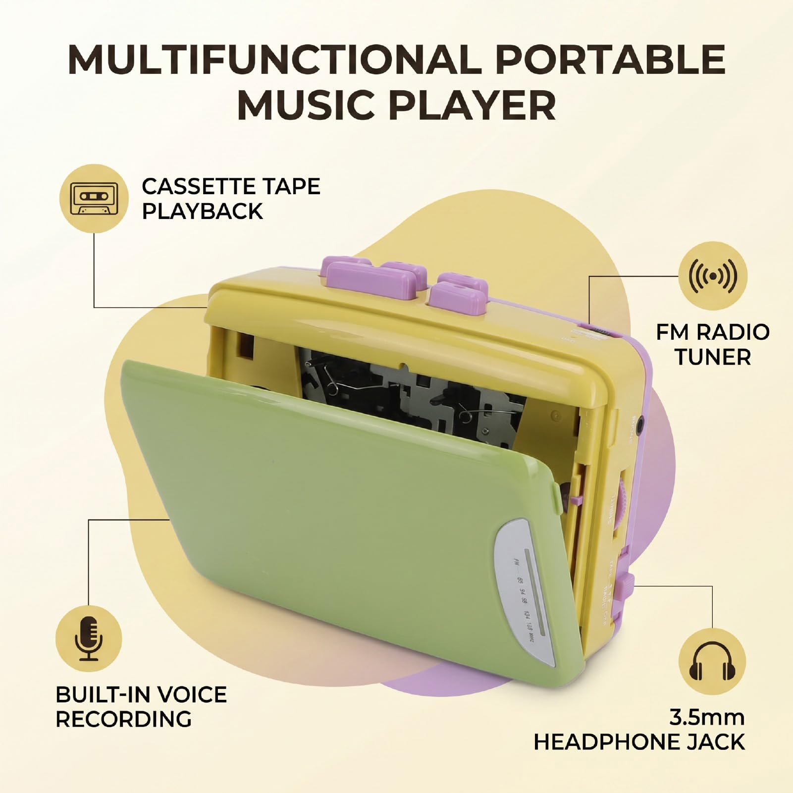lyrlody Lettore di Cassette retrò Registratore a Cassette ABS con Registratore di Trasmissione FM Alimentazione USB con Jack per Cuffie da 3,5 Mm Registrazione per gli Amanti della Musica a Casa in