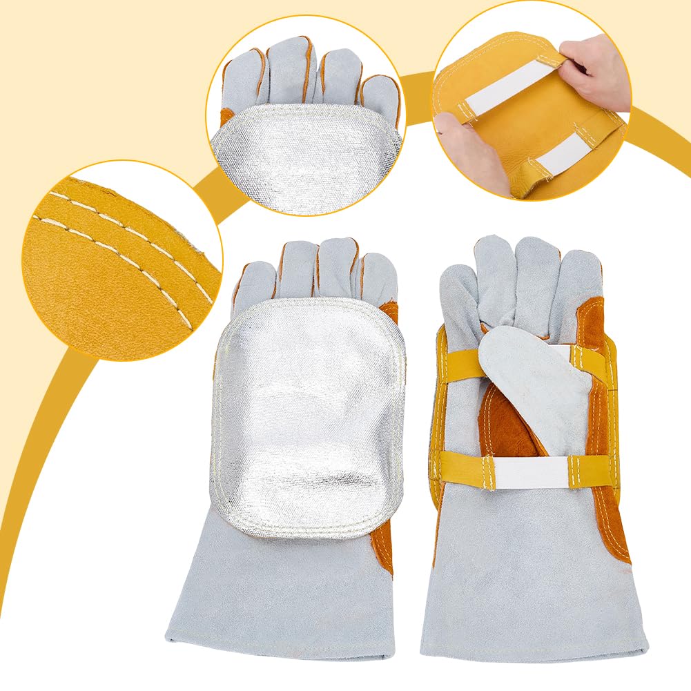 WADORN 1Paar Hand Hitze Schild Schweiß Handschuhe und 4 Stück Schweiß Hand Polster, Geteilt Rindsleder Leder Aluminiumbeschichtet Rücken Hände Polster Handschuhe für Industrie Kessel Schneiden Schutz