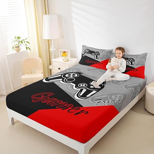 Miniatura 8 de Feelyou Juego de sábanas para niños y niñas, juego de ropa de cama con control de videojuegos, sábanas bajeras de 4 piezas, incluye 1 sábana y 1