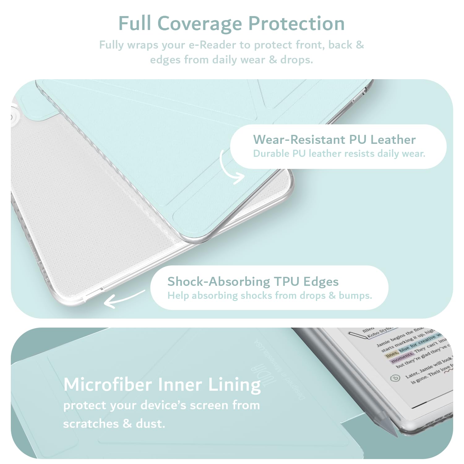 TUDIA M-Flip Coque Magnétique Transparente Amovible Compatible avec Kobo Libra Colour (2024) [Veille/Réveil Automatique] Étui Arrière Transparent Pliable avec Porte-Stylet (Bleu Layette)
