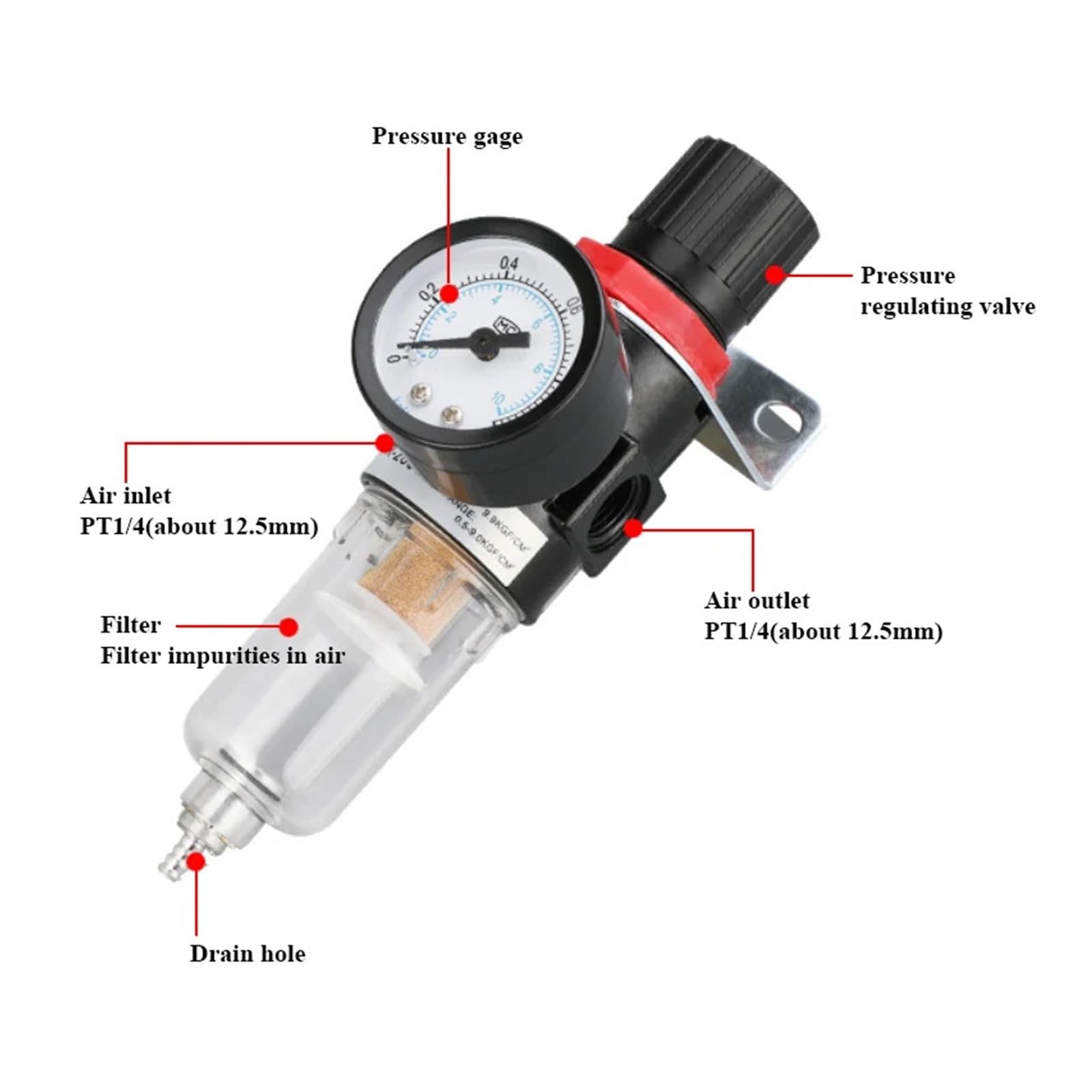 AFR2000 1/4 Filtro pneumatico per compressore d'aria Acqua Olio Separatore d'acqua Regolatore di pressione (AFR2000 e 10mm)