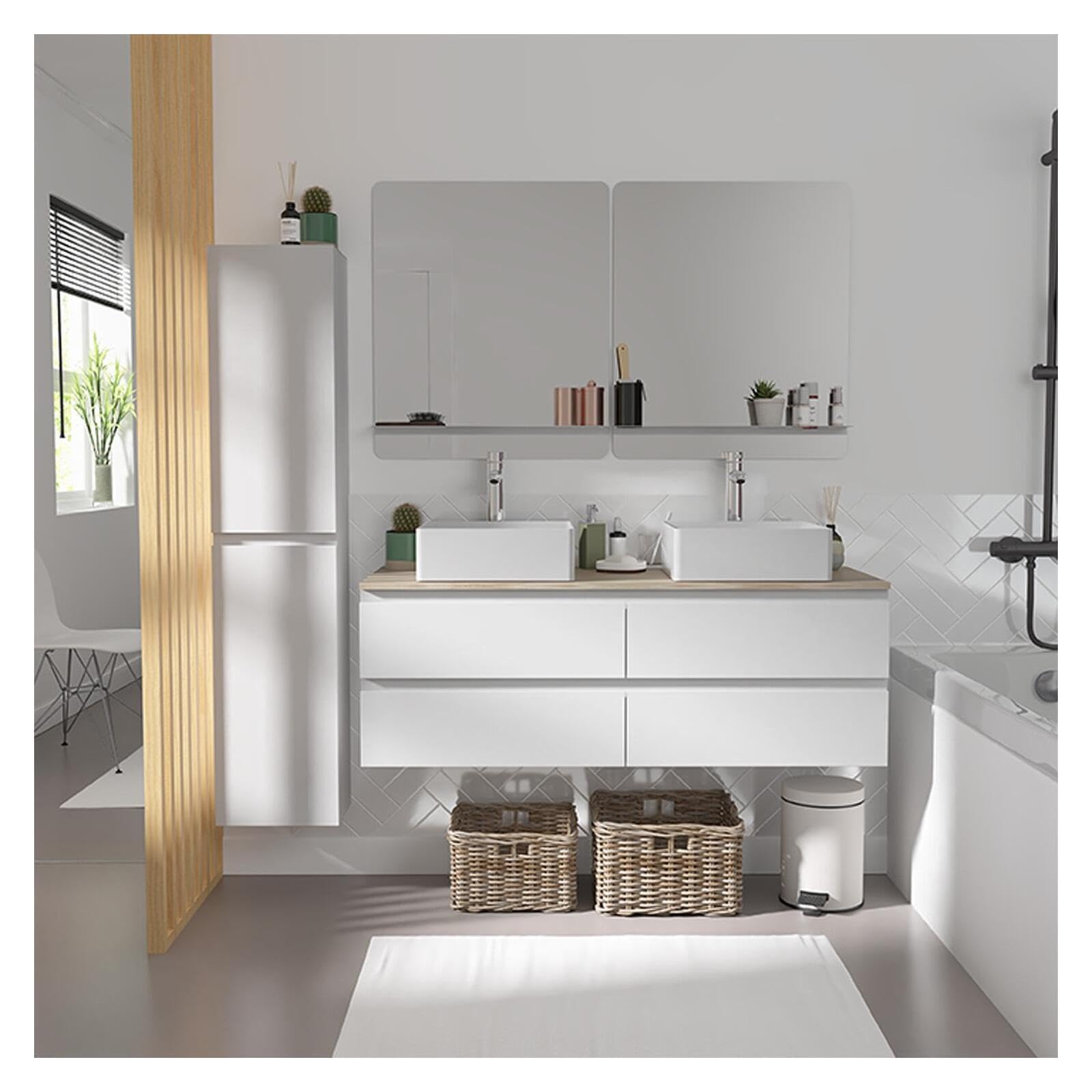 MOB-IN Set mobile doppio lavabo bianco 120 cm + 2 lavabi + 2 specchi + 2 rubinetti + colonna Sorrento