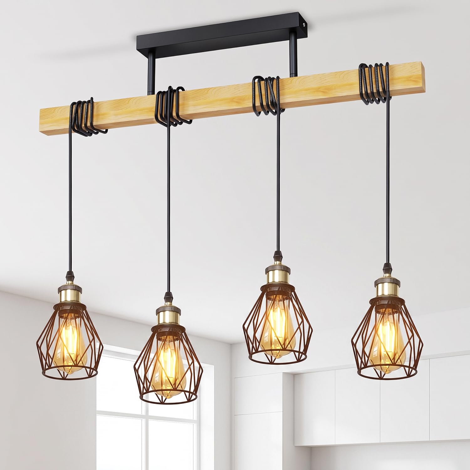 LVWIT Black Pendant Lighting, Retro Hanging Kitchen Lights, Wood Ceiling Light Fitting, 4 Way Industrial Drop Lights Ceiling for Living Room and Dining Room(E27 Base,NO Bulbs)