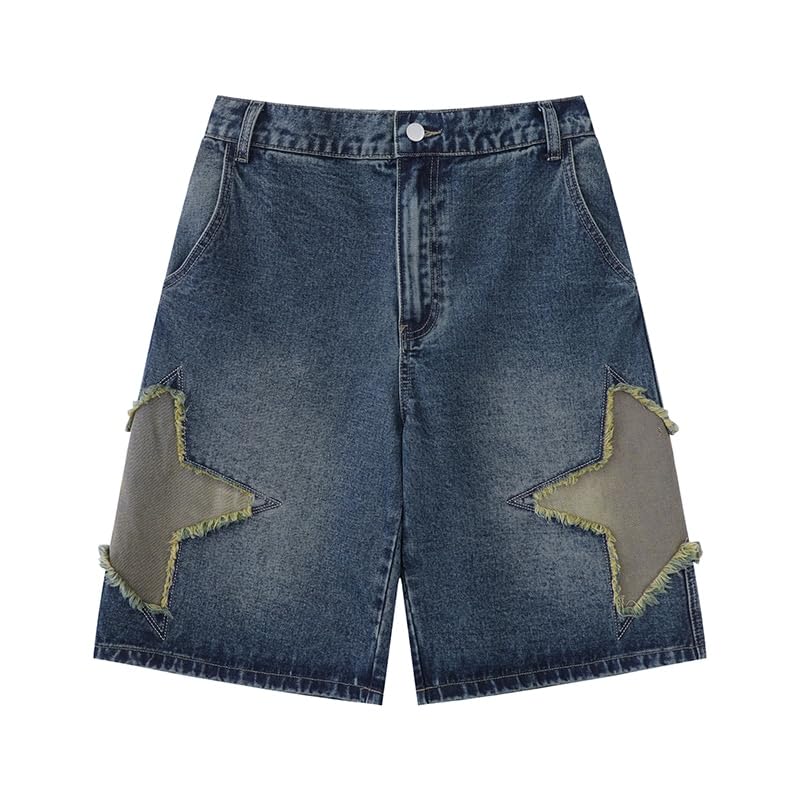 OATSBAS Men's Star Patchwork Denim Shorts Summer Wide Leg Loose Hip-hop Fashion Streetwear Jeans Shorts