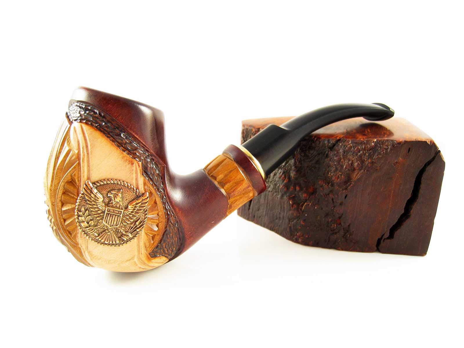 Fashion"American Eagle" Tobacco Smoking Pipe Carved Pear Root Wood and Pouch (Metal#2)
