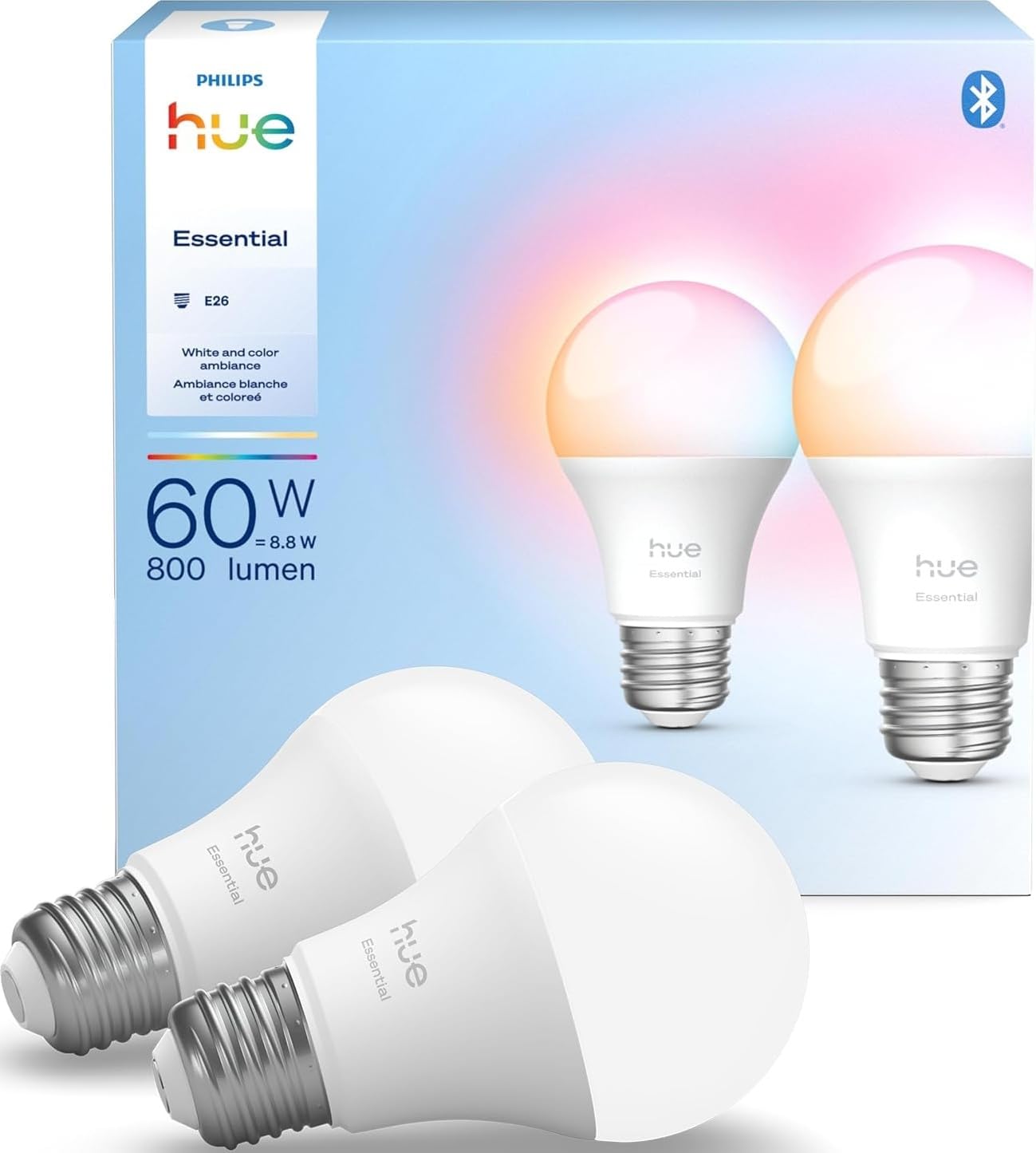 Philips Hue Essential Smart LED A19 Bulb, White and Color Ambiance, E26 Base, 8.8W, 2200K-6500K, 800 Lumens, Dimmable, Works with Alexa, Google, and Apple Home, 2-Pack