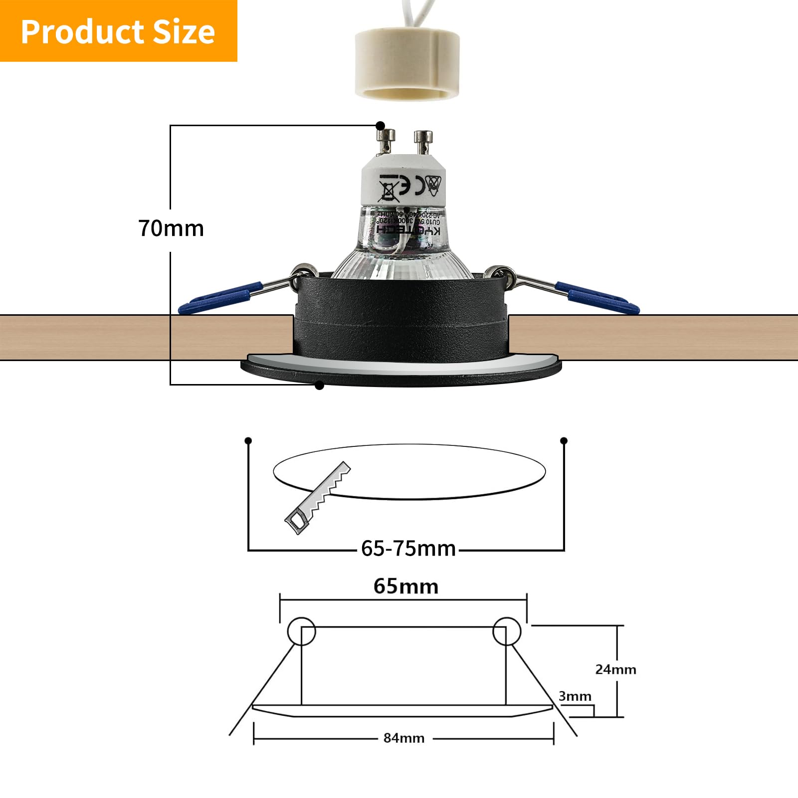 GeyouLux 4x wpuszczana lampa punktowa LED 230 V IP44 Rama z gniazdem GU10, czarne aluminiowe reflektory sufitowe z aluminium, okrągłe płaskie reflektory łazienkowe rama montażowa 68 mm na zewnątrz -