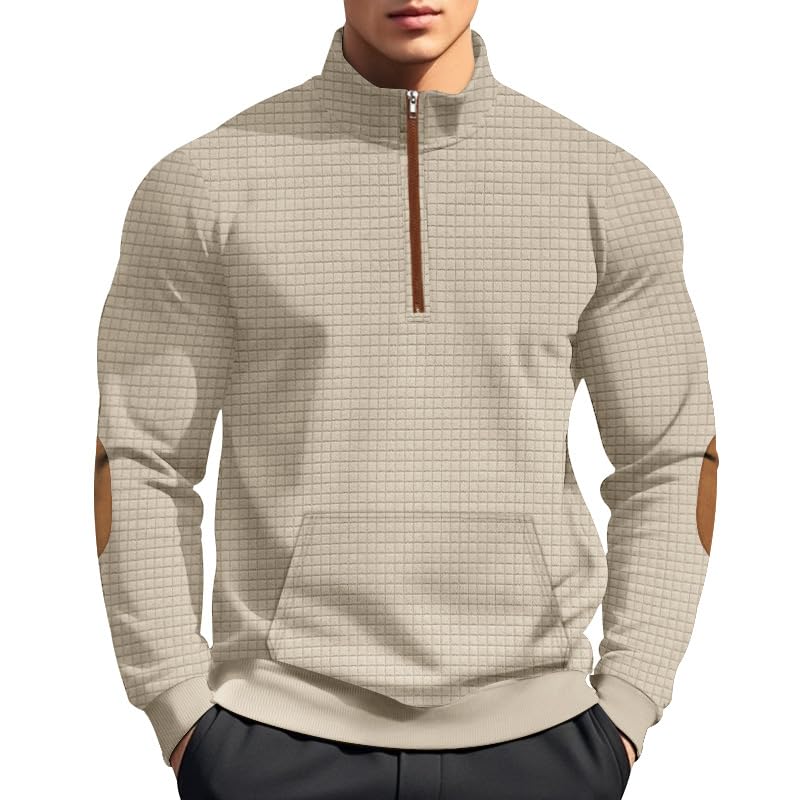 Men's Stand Collar Quarter Zip Sweater-Vintage Waffle Knit Pullover Featuring Elbow Patches & Pockets​​3