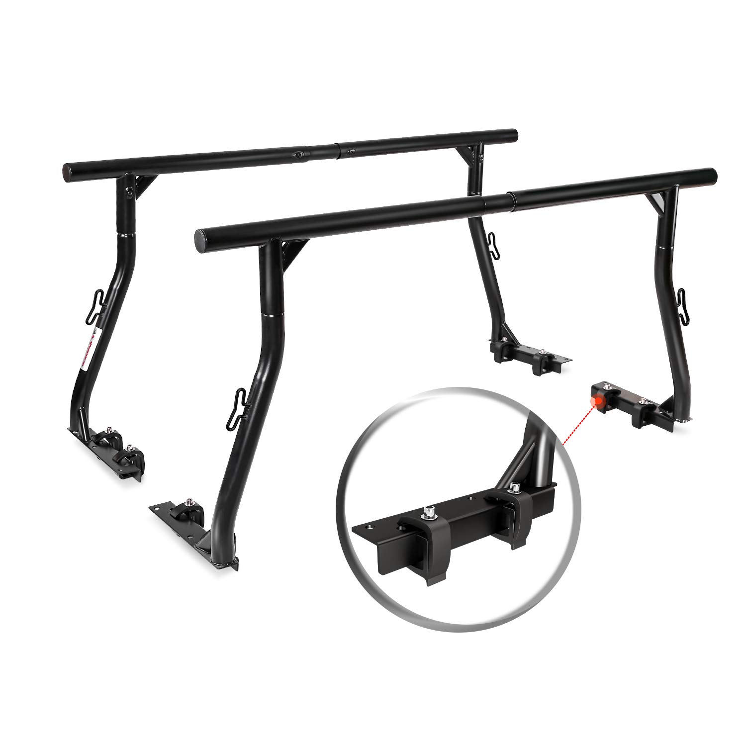 AA Products Inc. Non-Drilling Extendable Steel Pick-Up Truck Ladder Rack Two-bar Set with Unique Design Great for Constructional Use - Matte Black (USPTO Patent Pending)