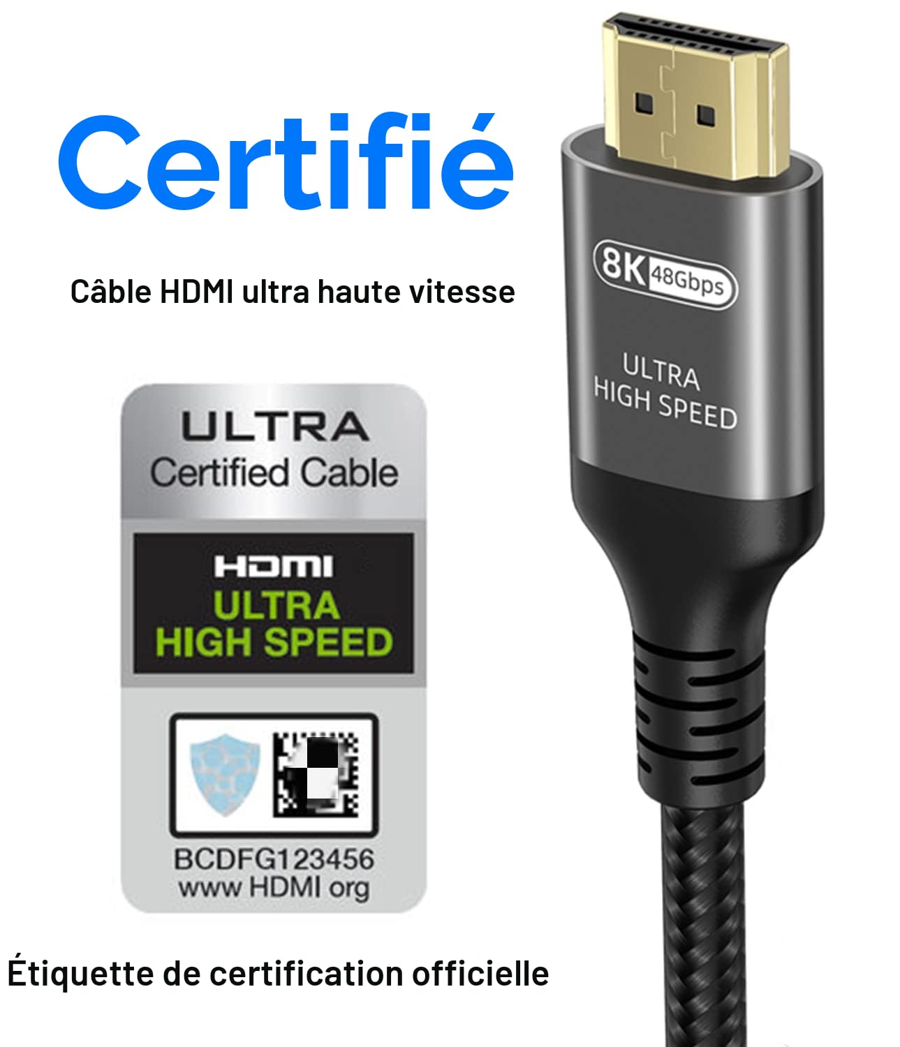 Ubluker 10K 8K 4K Câble HDMI 48Gbps 2M, Certifié Ultra Haut Débit HDMI® Cable 4K 240Hz 144Hz 120Hz 8K60Hz 0,01ms HDR10+ ARC eARC HDCP2.3 Netflix Roku TV PC Monitor Projecteur PS5 Xbox
