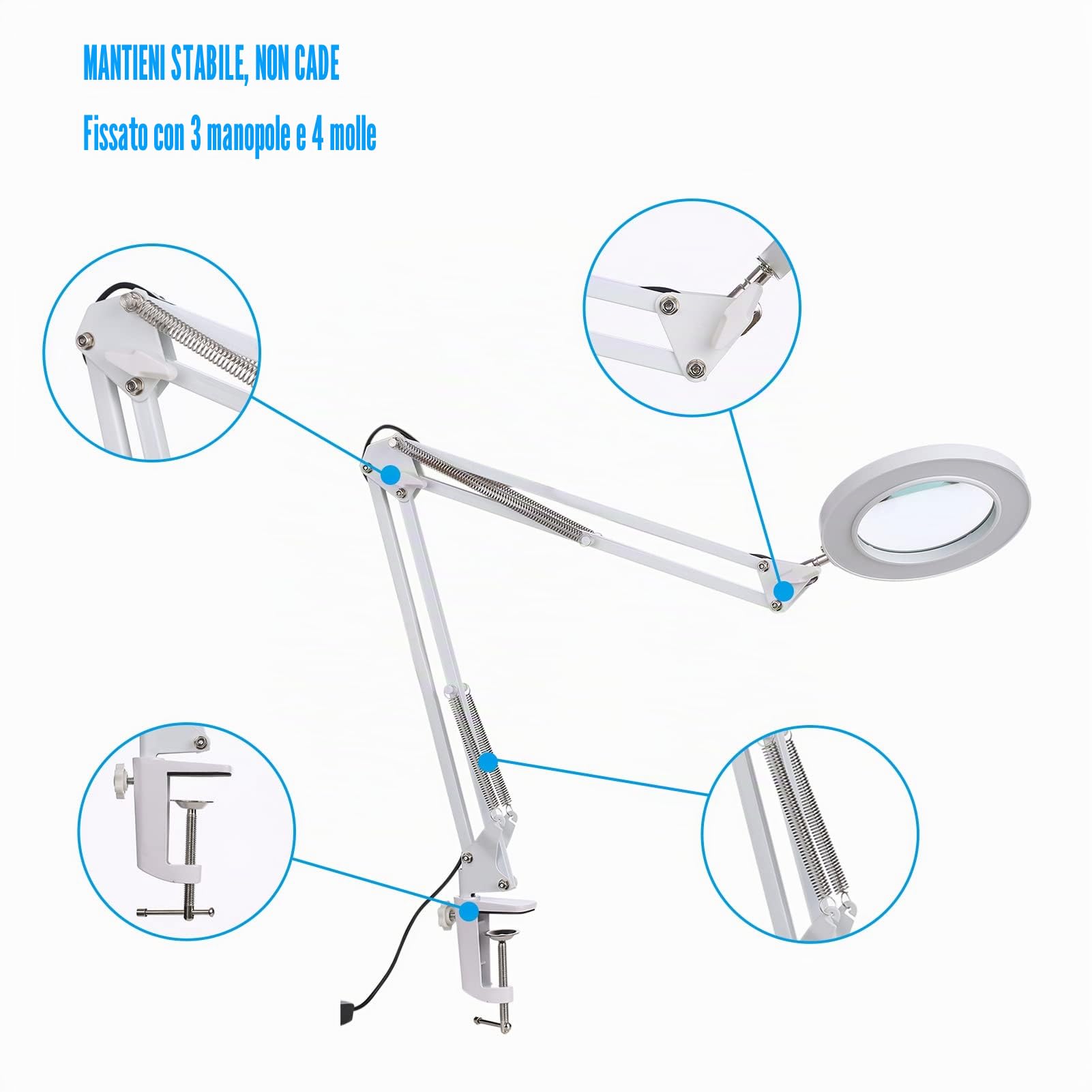 Kavolet Lente d'Ingrandimento con LED, Lampada da Tavolo Pieghevole, Luce a Morsetto, Ingrandimento 8X, 10 Livelli di Luminosità, 3 Colori, Angolo di Illuminazione ruotabile, Alimentata Tramite USB