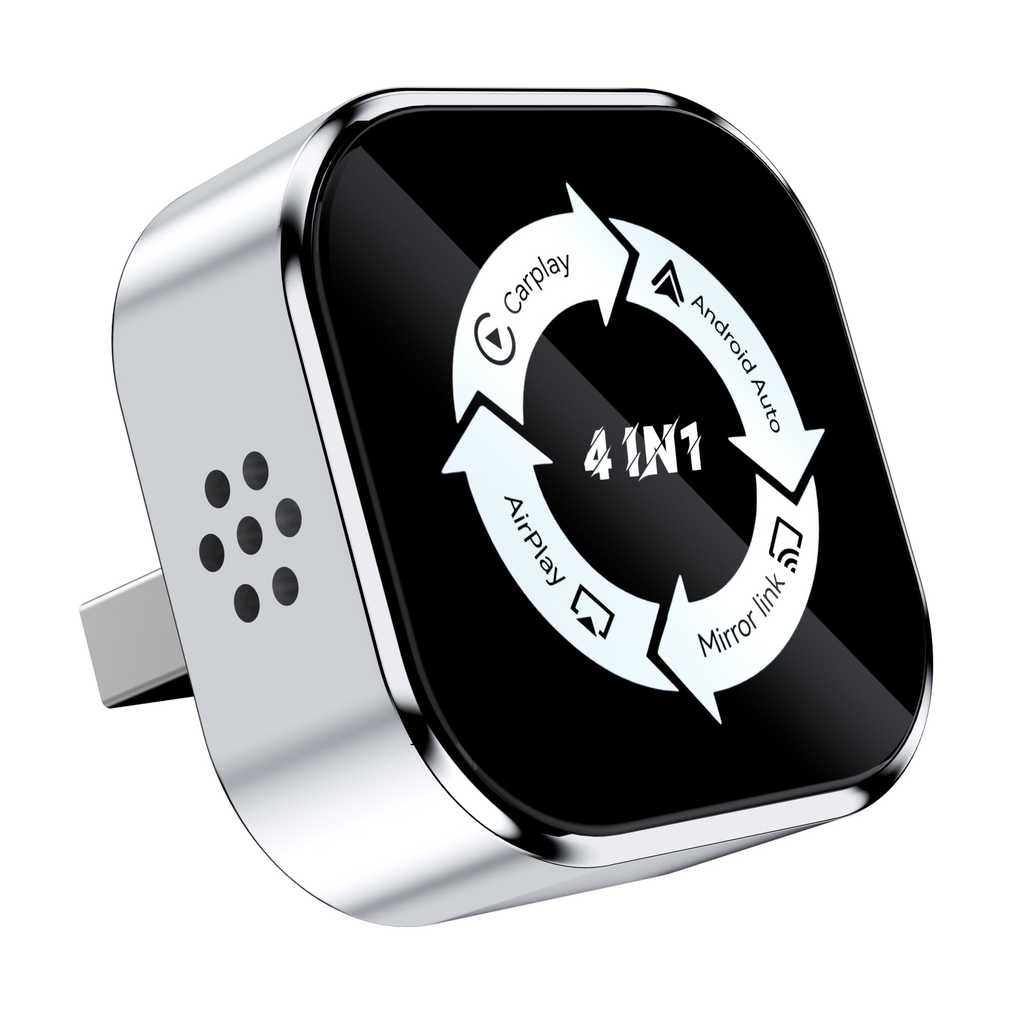 4-in-1 Wireless CarPlay Adapter – Kabelgebunden zu Kabellos für CarPlay & Android Auto, mit MirrorLink & AirPlay Spiegelung, kompatibel für iPhone & Android (Silber-Weiß)