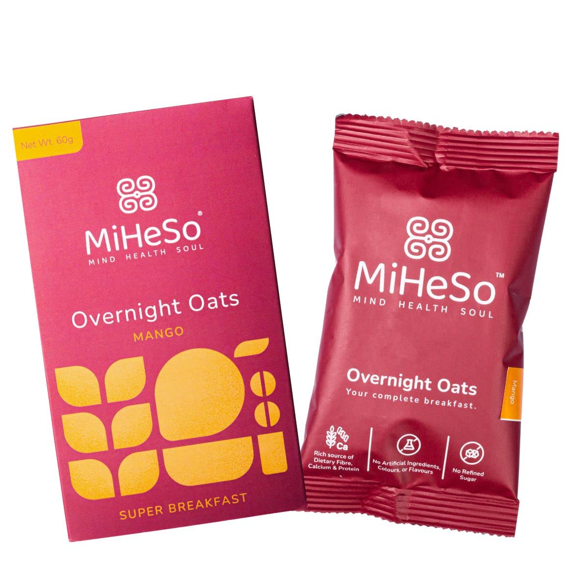 MiHeSo Mind Health Soul Overnight Rolled Oats Mango 60 G|Healthy Oatmeal Breakfast Within 15 G High Protein,Calcium & Fibre|Diet Food For Weight Loss For Women & Men|No Refined Sugar|Gluten Free
