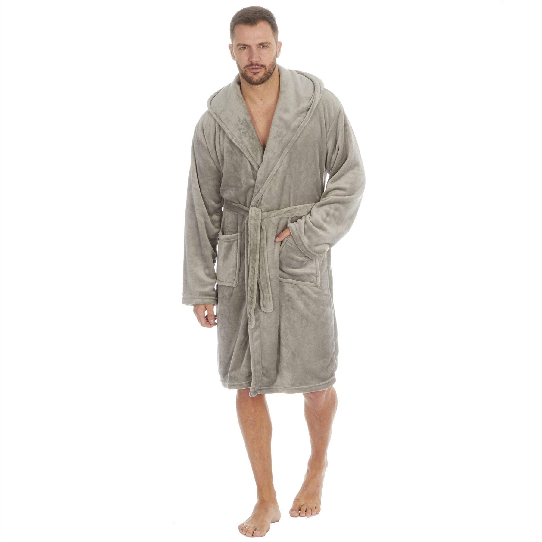 Evotex Trading Mens Super Soft Fleece Hooded Dressing Gown/Bath Robe Grey Size L